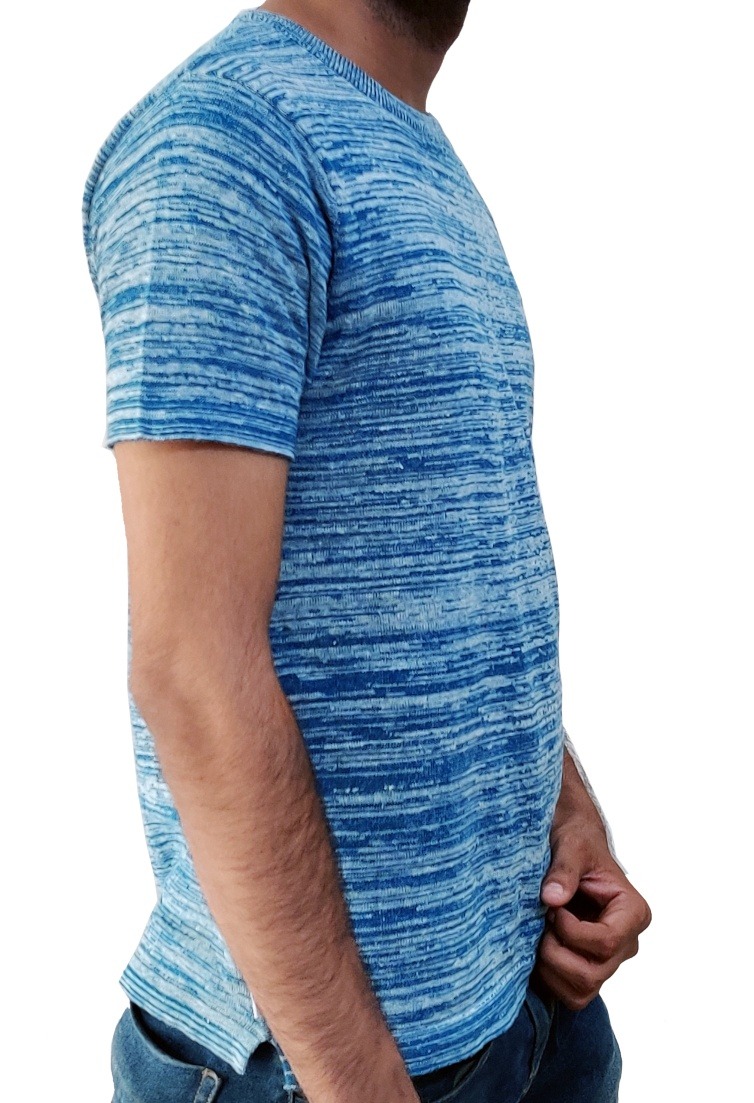 Buy Handspun Handloom Handknitted Khadi T Shirt For Men In White Base With Dark Blue Highlights