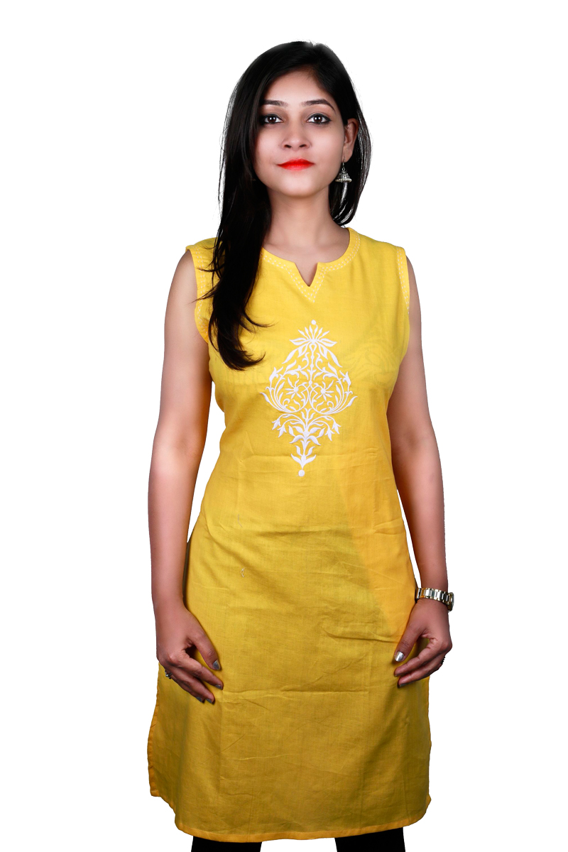 Buy online Women Yellow Tie Up Neck A-line Kurti from Kurta Kurtis for Women  by The Familiar Handicrafts for ₹359 at 64% off | 2024 Limeroad.com