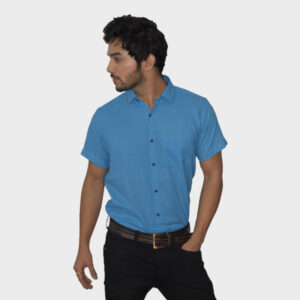 Nevy Blue Handwoven Muslin Half Sleeves khadi Shirt-front